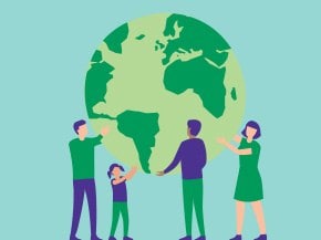 A graphic featuring 4 persons standing around and holding up a green earth globe. The left side is filled with a light blue color.