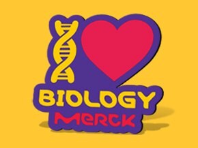 Image of the I Love Biology Pin. The left side is filled with bright yellow color.