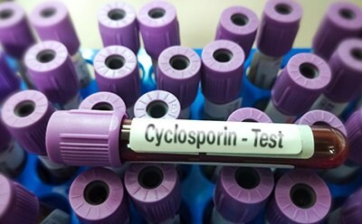 therapeutic drug: antibiotic cyclosporin Tubes à essai avec bouchon violet contenant de la ciclosporine