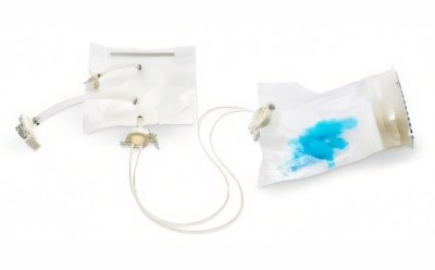 Two connected clear bags, one empty and the other partially filled with a blue liquid.