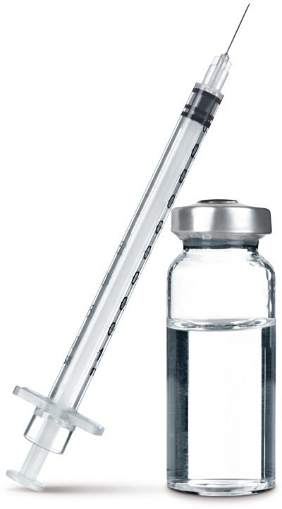 Liquid Formulation Strategies: a clear syringe with black measurement markings and a needle, positioned diagonally above a small glass vial containing a clear liquid.