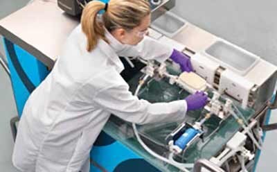 Scientists in a laboratory setting using equipemnt to remove viruses downstream