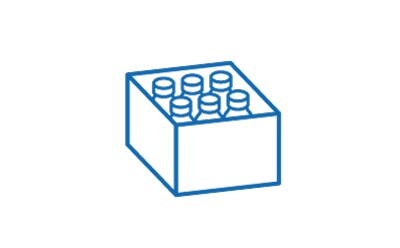 The image shows a simple blue line drawing of a six-pack of bottles in a box against a white background.