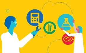 Illustration of scientists and lab supplies in a collage