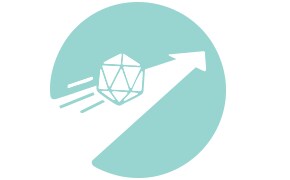 A circular icon featuring a stylized image of a molecular structure with an arrow indicating motion, suggesting the concept of movement or progress in scientific research.