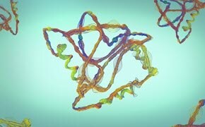 Une structure moléculaire colorée et complexe avec des brins entrelacés dans différentes nuances de brun, d&apos;orange, de bleu et de vert sur un fond turquoise doux.