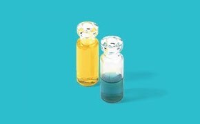 Crimp top vials containing samples for chromatographic applications.