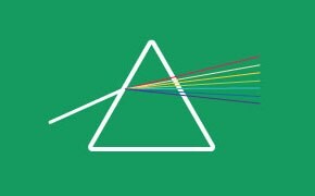 A graphic representation of a prism dispersing light, with a white beam entering and multiple colored beams exiting against a green background.