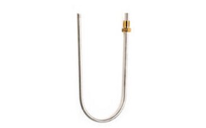 The image depicts a sleek, U-shaped metal rod with a threaded golden connector at one end, presented against a plain white background.