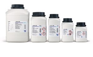 The image displays a series of five white chemical containers with black caps, each adorned with labels and hazard symbols, arranged in ascending order of size against a stark white background.