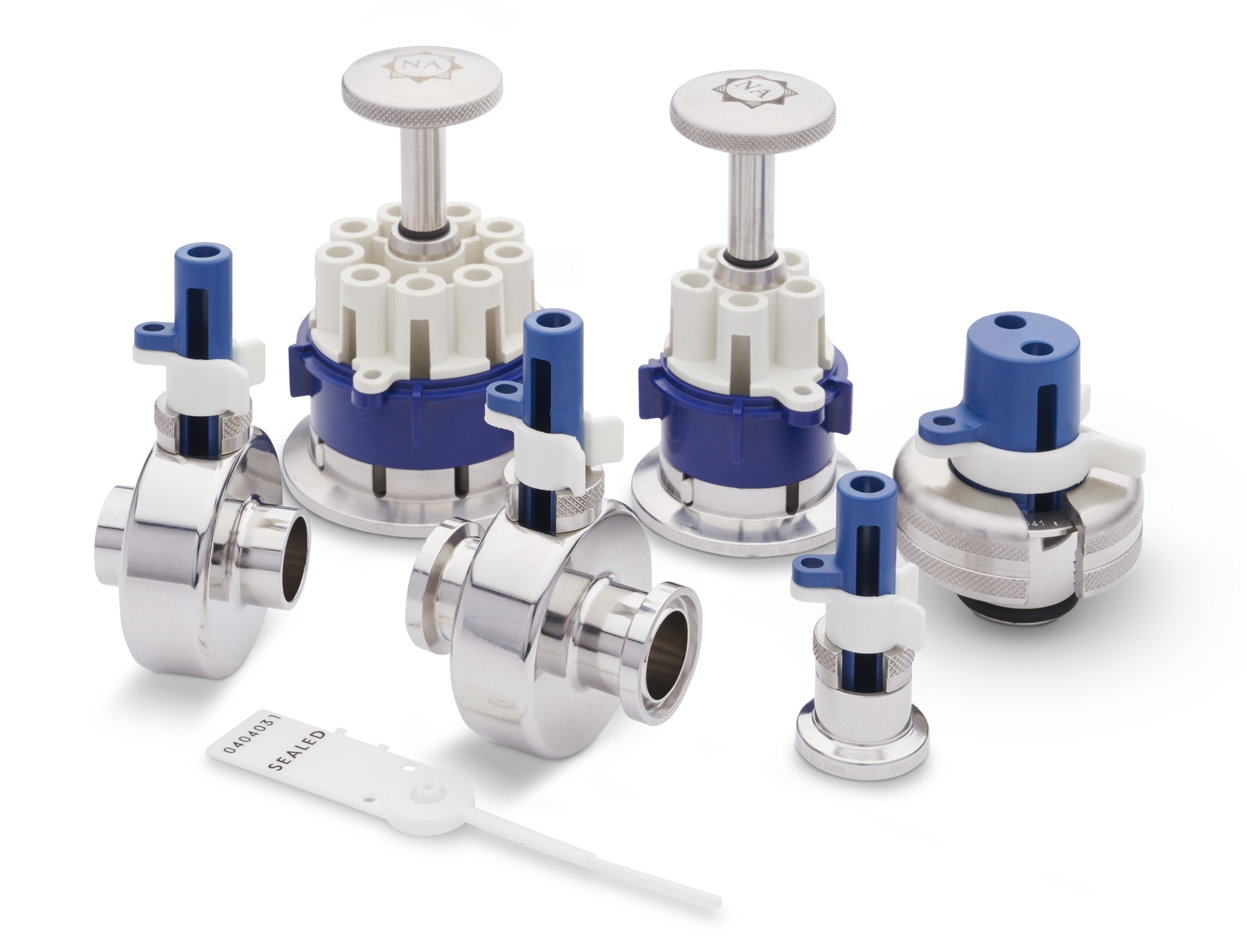 Family shot of NovaSeptum® GO sterile sampling systems connector offerings and security tag, including TC Connector, Ingold® Connector, In-Line Butt End TC Connector, In-Line TC Connector.
