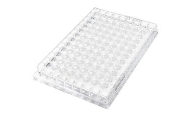 A MultiScreen<sup>®</sup> 96-well plate with a grid of circular wells, designed for laboratory use in experiments and assays, resting on a flat surface.