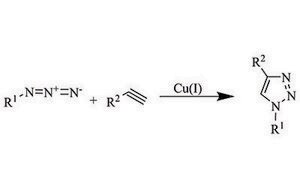 This example of click chemistry scheme shows the Copper(I)-catalyzed Azide-Alkyne Cycloaddition (CuAAC)of alkynes to azides to form 1,4-disubsituted-1,2,3-triazole