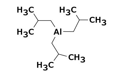 Chemical structure of aluminum triisobutyl, depicted as an aluminum atom bonded to three isobutyl groups (CH3)2CHCH2.