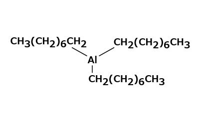 Chemical structure of aluminum tri-n-hexyl, showing an aluminum atom centrally bonded to three n-hexyl groups, each consisting of a linear chain of six carbon atoms ending with a methyl group.