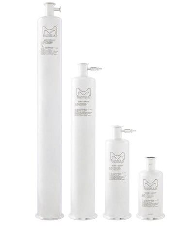 Series 4000™ Single-Round Filter Housings “The image displays a quartet of filter bottles, each varying in size, unified by their pristine white hue