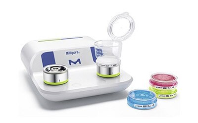 a Millipore microbial filtration system with two filtration units on top and three petri dishes with cultured samples in front. The system is white and blue with the Millipore logo. The petri dishes contain colored media: one blue, one pink, and one yellow.