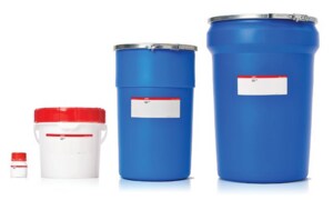 Three blue containers with white labels and varying lid colors.