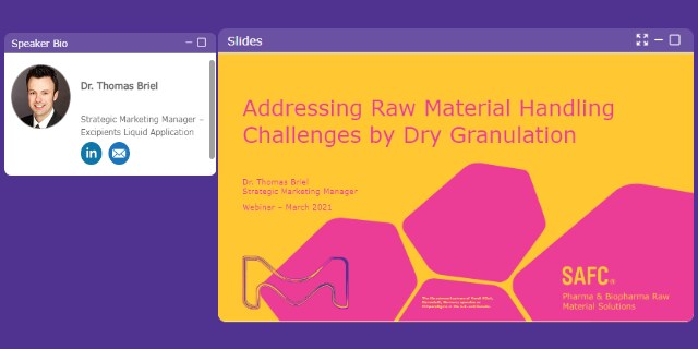 Title slide webinar “Addressing Raw Material Handling Challenges by Dry Granulation” & speaker information