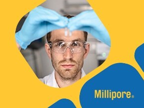 A laboratory technician wearing blue gloves and a white lab coat, holding an object above their head. The background features laboratory equipment, and the Millipore logo is visible in the lower right corner.