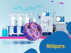 a laboratory scene focused on biotechnology. In the foreground, a stylized representation of a virus is shown, featuring vibrant purple and yellow colors. In the background, various laboratory equipment is visible, including large white tanks, a blue glass vial, and a computer monitor displaying data. Above the equipment, abstract DNA strands and colorful shapes float in the air, creating a dynamic and scientific atmosphere.
