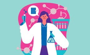 An illustration of a scientist wearing a white lab coat, holding a test tube in one hand and a flask in the other. Behind the scientist is a colorful background featuring laboratory equipment and molecules.