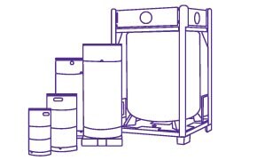 A line drawing illustration of various storage containers, including several cylindrical tanks of different sizes arranged around a larger tank on a stand.