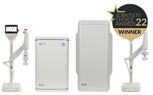 흰색 배경에 Milli-Q® IQ 7003/05/10/15 정제수 시스템과 오른쪽 위 구석의 Scientist&apos;s Choice Awards 22 수상 로고.