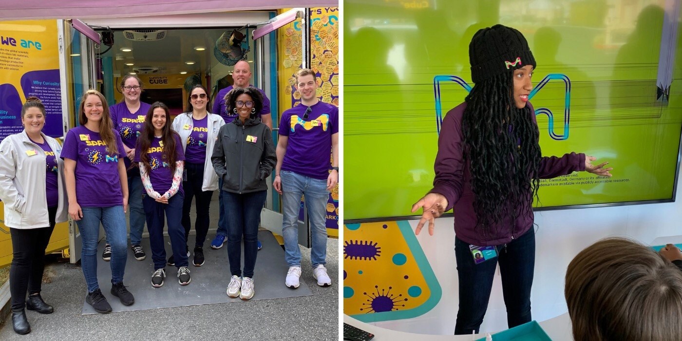 Curiosity Cube Volunteers Two images appear. On the left a group of SPARK volunteers stand outside the Curiosity Cube wearing purple SPARK t-shirts. On the right, there is an image of Danielle Chavis presenting to a group of kids in the Curiosity Cube.