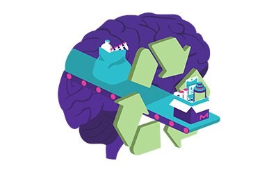 Design of SHIFT circular recycling program, depicting a conveyor belt for recycling full of life science products, passing through a brain to indicate a shifting perspective of recycling. Design of SHIFT circular recycling program, depicting a conveyor belt for recycling full of life science products, passing through a brain to indicate a shifting perspective of recycling.