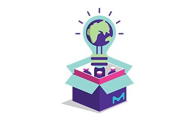 SMASH packaging box with a lightbulb and an Earth popping out of the box. SMASH packaging box with a lightbulb and an Earth popping out of the box.