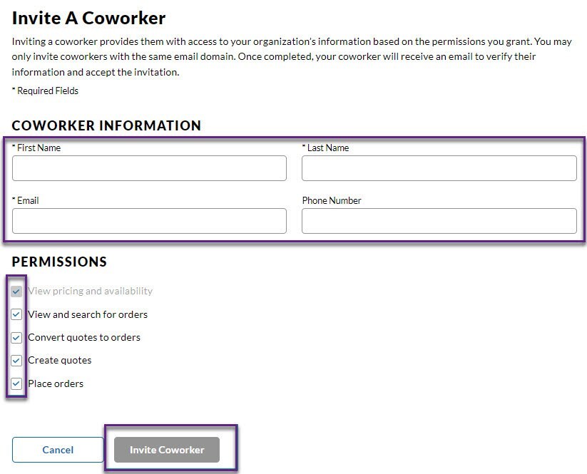The user has to fill only a few fields and then sends an invitation to a coworker directly from their profile. The user has to fill only a few fields and then sends an invitation to a coworker directly from their profile.