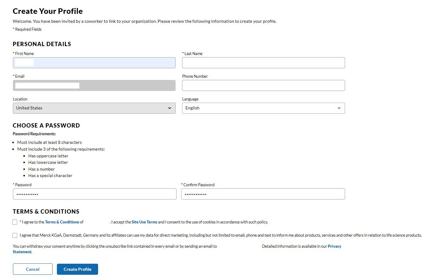 The invited co-worker is guided to a form and only needs to fill in their personal details and choose a password. The invited co-worker is guided to a form and only needs to fill in their personal details and choose a password.