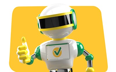The image displays a 3D animated character that resembles a robot. The robot has a white body with green accents on the joints and headband, and a large black visor where eyes would typically be. On the chest of the robot, there is a square with rounded corners displaying a checkmark symbol. The background is yellow, and the robot is giving a thumbs-up gesture with its right hand. The image displays a 3D animated character that resembles a robot. The robot has a white body with green accents on the joints and headband, and a large black visor where eyes would typically be. On the chest of the robot, there is a square with rounded corners displaying a checkmark symbol. The background is yellow, and the robot is giving a thumbs-up gesture with its right hand.