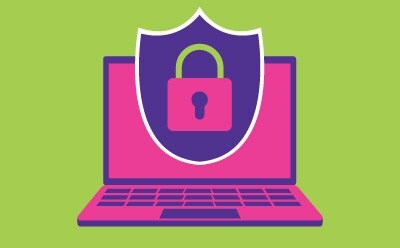 Computer with safe lock indicating security.