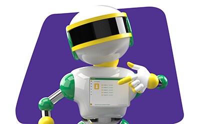The image is a 3D rendering of a robot with a humanoid shape. The robot has a white body with green arms and legs, yellow bands around the joints, and a black visor that appears to be its eyes. The background is purple, and the robot is gesturing towards its chest screen, which displays an application with text. The image is a 3D rendering of a robot with a humanoid shape. The robot has a white body with green arms and legs, yellow bands around the joints, and a black visor that appears to be its eyes. The background is purple, and the robot is gesturing towards its chest screen, which displays an application with text.