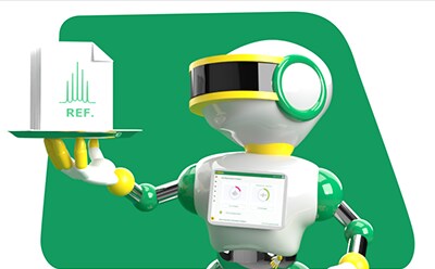 A 3D-rendered robot with a white body, yellow arms, and green accents is holding a tray in its left hand. On the tray, there is a bar graph with the label “R.E.F.” The robot also has a screen on its chest displaying three green battery icons and two curved lines resembling a Wi-Fi signal. The background is green with a slight gradient effect. A 3D-rendered robot with a white body, yellow arms, and green accents is holding a tray in its left hand. On the tray, there is a bar graph with the label “R.E.F.” The robot also has a screen on its chest displaying three green battery icons and two curved lines resembling a Wi-Fi signal. The background is green with a slight gradient effect.