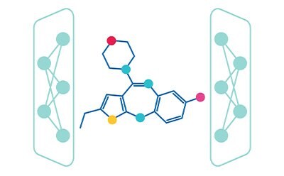 De-Novo Molecular Design The image depicts a digital illustration of a molecular structure situated between two smartphone screens, symbolizing the intersection of technology and chemistry. The molecule is composed of atoms represented by spheres in shades of light blue, red, pink, and yellow, connected by lines that illustrate the bonds between them.