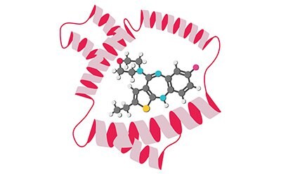 Molecular Docking The image illustrates a molecule with a complex structure, encircled by a pink ribbon-like shape. It features atoms in shades of gray, blue, red, and yellow, connected by sticks to represent bonds.