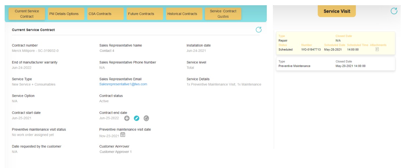 Table of past and scheduled service visits, listing type of visit, billing status, and with relevant documents attached.