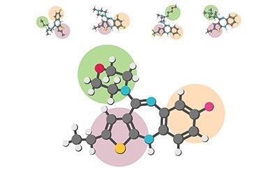Shape Based Search The image features a complex organic molecule with various atoms depicted as colored spheres linked by lines to represent bonds. Surrounding the central molecule are smaller atom clusters, possibly functional groups or fragments, each highlighted with a distinct colored background to differentiate the molecule’s parts or types.