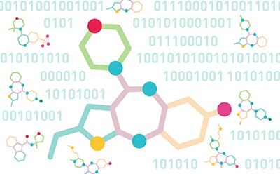 Similarity and Pharmacophore Search The image is an artistic representation of colorful molecular structures superimposed on a background of binary code, highlighting the fusion of biology and digital technology. The molecules, depicted in green, blue, red, yellow, and orange, symbolize various atoms and bonds, while the binary code background suggests the field of bioinformatics.