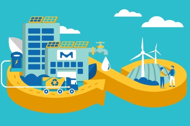 A yellow arrow with buildings and windmills A yellow arrow with buildings and windmills