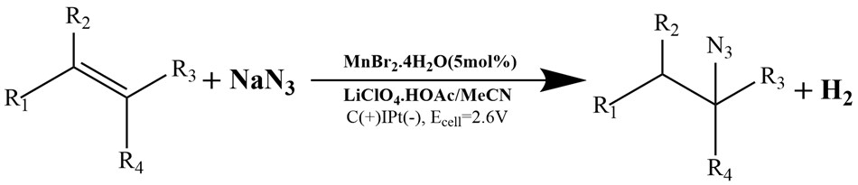 Transition metal salt catalyzed oxidation reaction<sup>15</sup>. A chemical reaction involving the oxidation of a compound with multiple substituents, represented by a carbon-carbon double bond backbone with four attached groups labeled R1, R2, R3, and R4 upon reaction with sodium azide (NaN3). An arrow points to the right, indicating the direction of the reaction, with the catalyst MnBr2·4H2O noted above the arrow, alongside other reagents, including lithium perchlorate (LiClO4), acetic acid (HOAc), and acetonitrile (MeCN), along with specific electrochemical conditions, including a cell voltage of 2.6 volts. On the right side, the resulting product is shown, featuring two azide groups (N3) incorporated into the structure, with hydrogen gas (H2) as a byproduct. The entire illustration is rendered in black on a white background, providing a clean contrast that emphasizes the chemical structures and the details of the reaction conditions.
