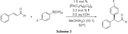 formation of 1,4-adduct from 4-fluorophenylboronic acid to cinnamaldehyde 