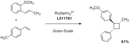 A chemical diagram illustrating a reaction involving Ru(bpm)3²⁺ (L511781) on a gram scale. It shows the starting materials, including a methoxy-substituted benzene and an alkyl-substituted benzene, leading to a product with an 81% yield.