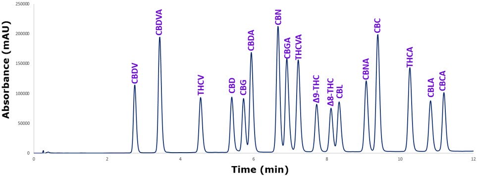 Chromatogram HPLC 17 mieszanek kannabinoidów uzyskanych przy użyciu taniej metody metanolowej