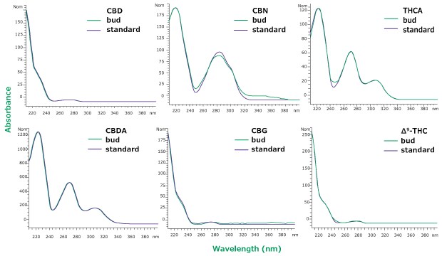 An overlay of UV spectra for hemp bud sample (Red) and standard solution (blue) at same retention time for 6 cannabinoids used in the study An overlay of UV spectra for hemp bud sample (Red) and standard solution (blue) at same retention time for 6 cannabinoids CBD, CBG, CBDA, CBN, ∆9-THC, and THCA