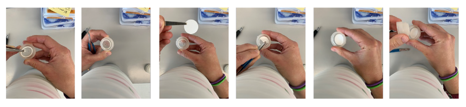 Assembling Swinnex® device with a polypropylene cut disc membrane filter. 