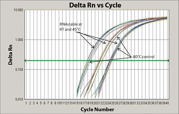 One-Step RT-PCR results of stored RNA samples in RNAstable at room temperature and 45°C, versus storage at -80°C (control) quantified using the 18S rRNA gene